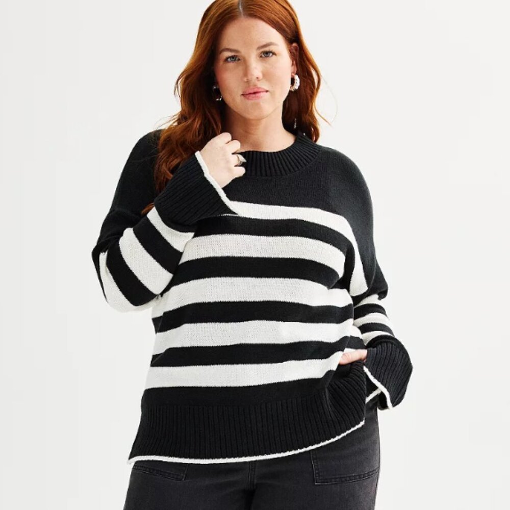 Plus Sonoma Goods For Life Side Slit Crewneck Sweater Black White Stripe 2X NEW